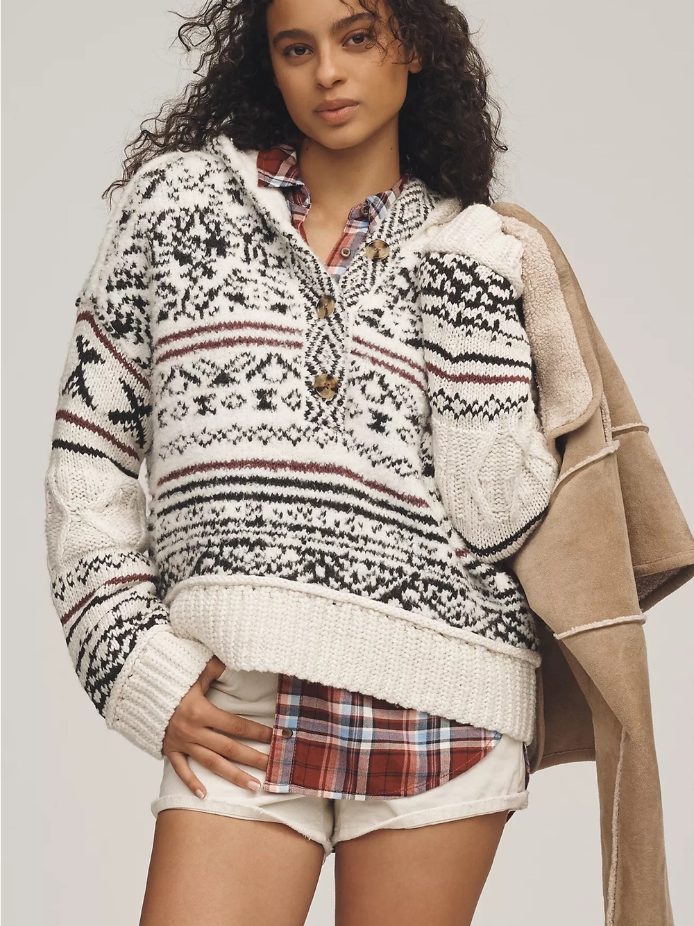 Pilcro Cream, Black & Burgundy Fair Isle Relaxed Hooded Pullover Sweater Size M